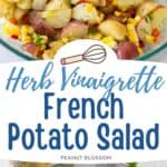 The finished potato salad in a bowl is shown next to a photo of the ingredients used to make it.