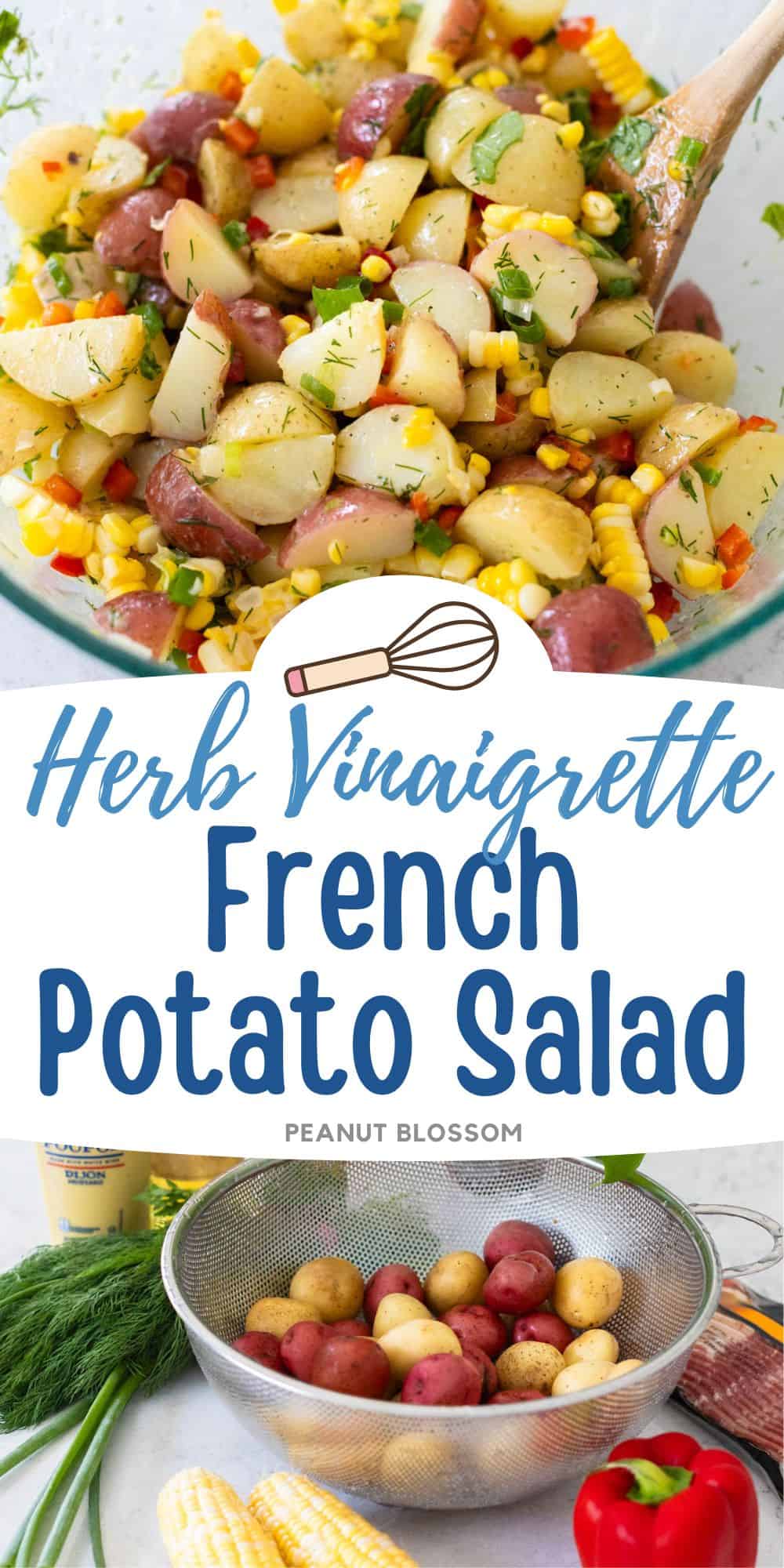 The finished potato salad in a bowl is shown next to a photo of the ingredients used to make it.
