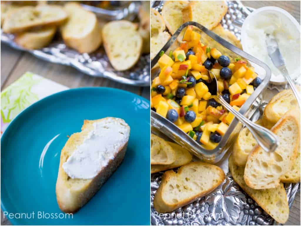 A crostini bread has been spread with goat cheese. The bowl of peach salsa is off to the side.