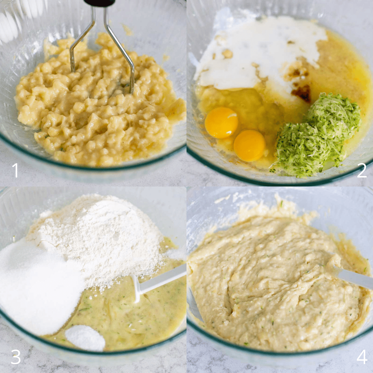 Step by step photos show how to make the batter for homemade banana zucchini bread.