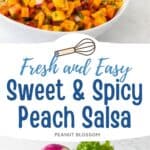 The photo collage shows the bowl of peach salsa being served with a spoon next to a photo of the ingredients needed to make it.