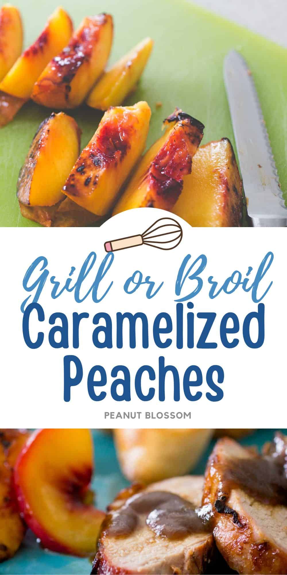 The peaches have been sliced on a cutting board, they are also shown on a plate next to sliced pork.