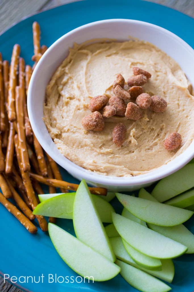 A bowl of creamy peanut butter apple dip has fresh apples, pretzels, and spicy nuts on top.