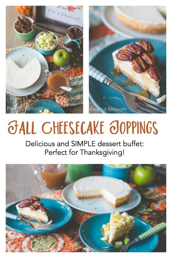 Caramel apple cheesecake toppings and Pecan Pie cheesecake toppings: a perfect easy Thanksgiving dessert recipe