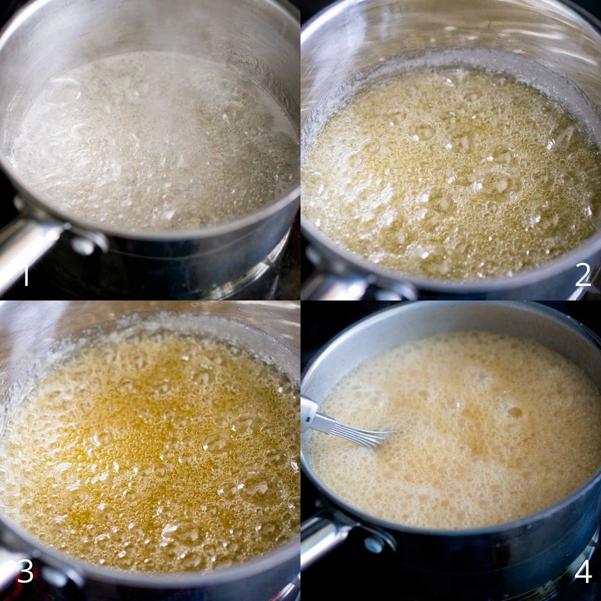 Step by step photos show how to brown the sugar for the caramel sauce.