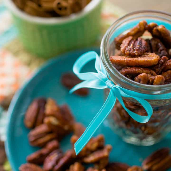 Pumpkin pie spiced pecans make a sweet and simple baked gift