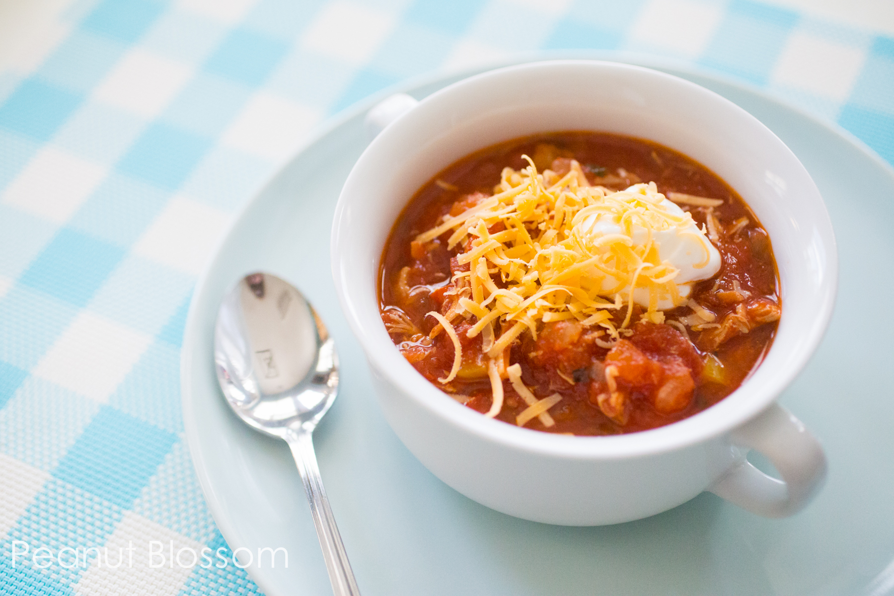 Homemade chicken chili: tons of veggies but NO beans! Only 3 WW points per serving.