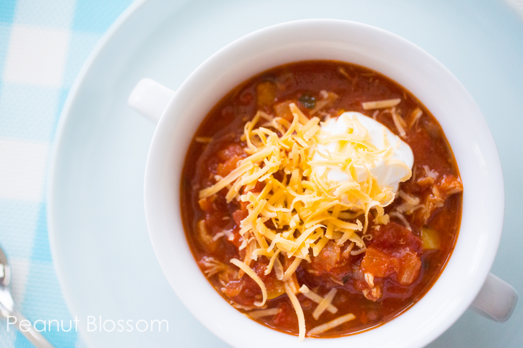 Homemade chicken chili: tons of veggies but NO beans! Only 3 WW points per serving.