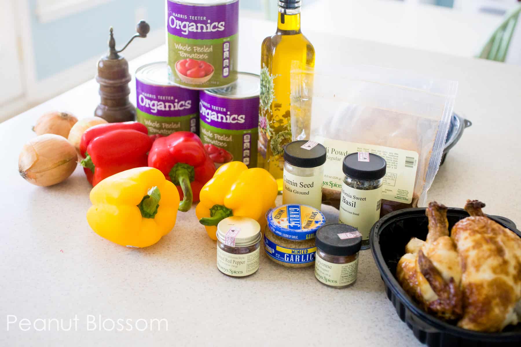 The ingredients to make the chicken chili are on the counter.