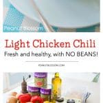 The serving of chicken chili in a bowl next to a photo of the ingredients.