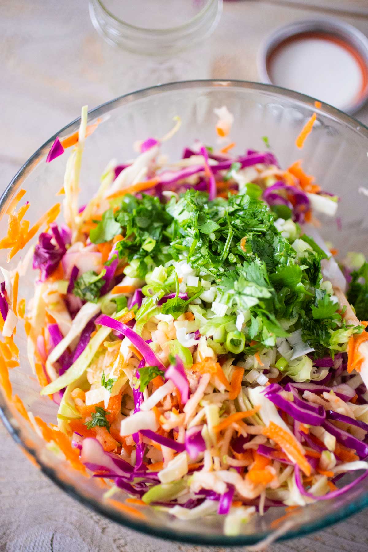 A big mixing bowl of shredded coleslaw has chopped green onions and fresh cilantro on top.