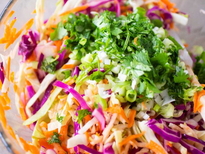 Colorful shredded cabbage, carrots, cilantro, and green onions are mixed in a bowl.