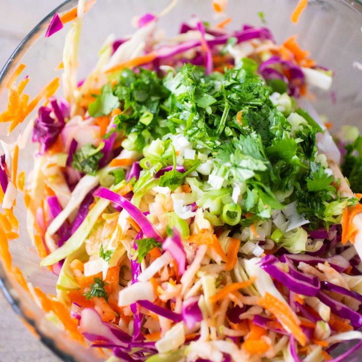 Colorful shredded cabbage, carrots, cilantro, and green onions are mixed in a bowl.