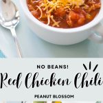 The photo collage shows the red chicken chili with sour cream and cheddar cheese in a bowl. The second photo shows all the ingredients needed to make it.