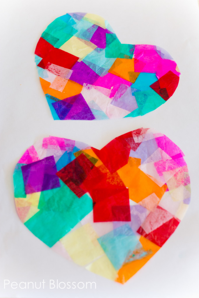 5 easy winter crafts for kids: rainbow paper tissue hearts for kids to make