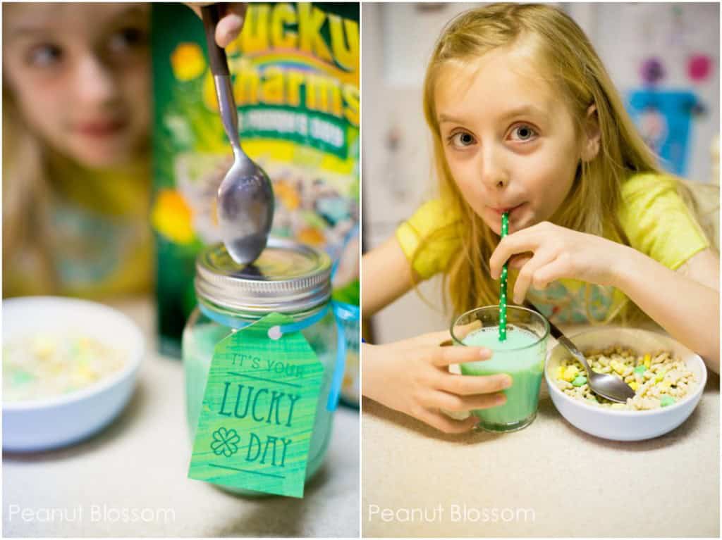 A photo collage of a young girl drinking green milk.