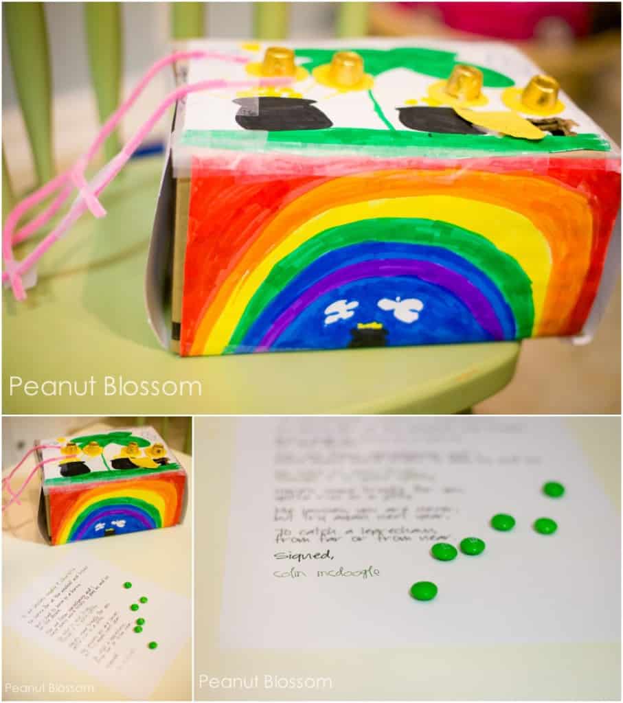 A photo collage of a leprechaun trap and a letter to the leprechaun.