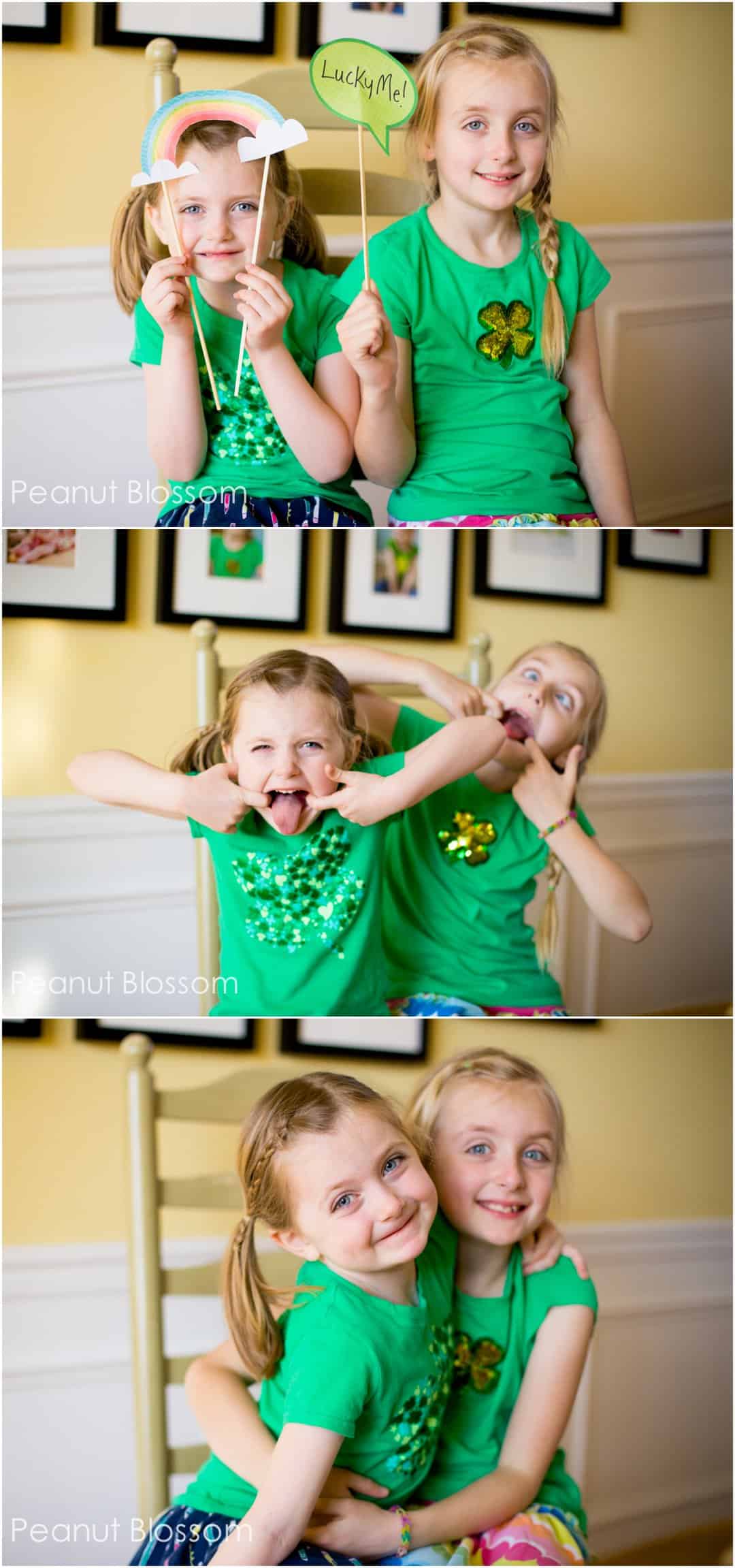 A photo collage of young girls in green St. Patrick's Day t-shirts.