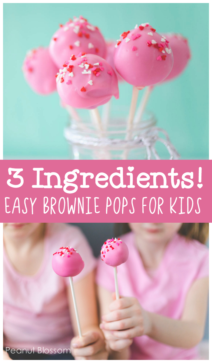 3 ingredients! Easy brownie pops for kids with pink frosted coatings and little heart sprinkles on top.