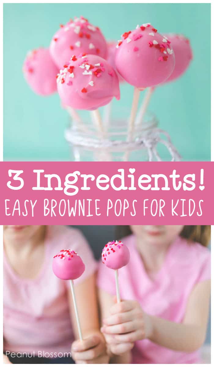 3 ingredients! Easy brownie pops for kids with pink frosted coatings and little heart sprinkles on top.