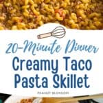 The pasta and turkey meat have been cooked in a large skillet. The second photo shows the cream cheese being added to make it creamy.