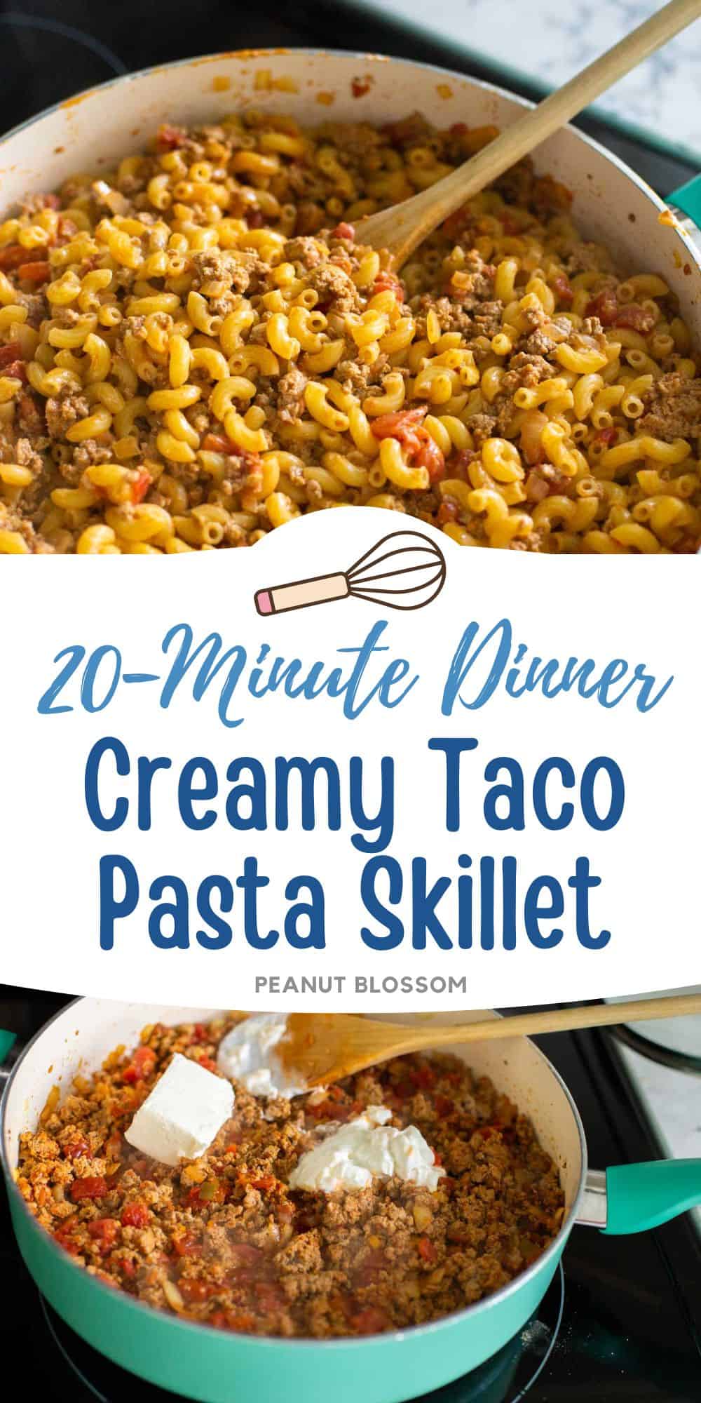 The pasta and turkey meat have been cooked in a large skillet. The second photo shows the cream cheese being added to make it creamy.