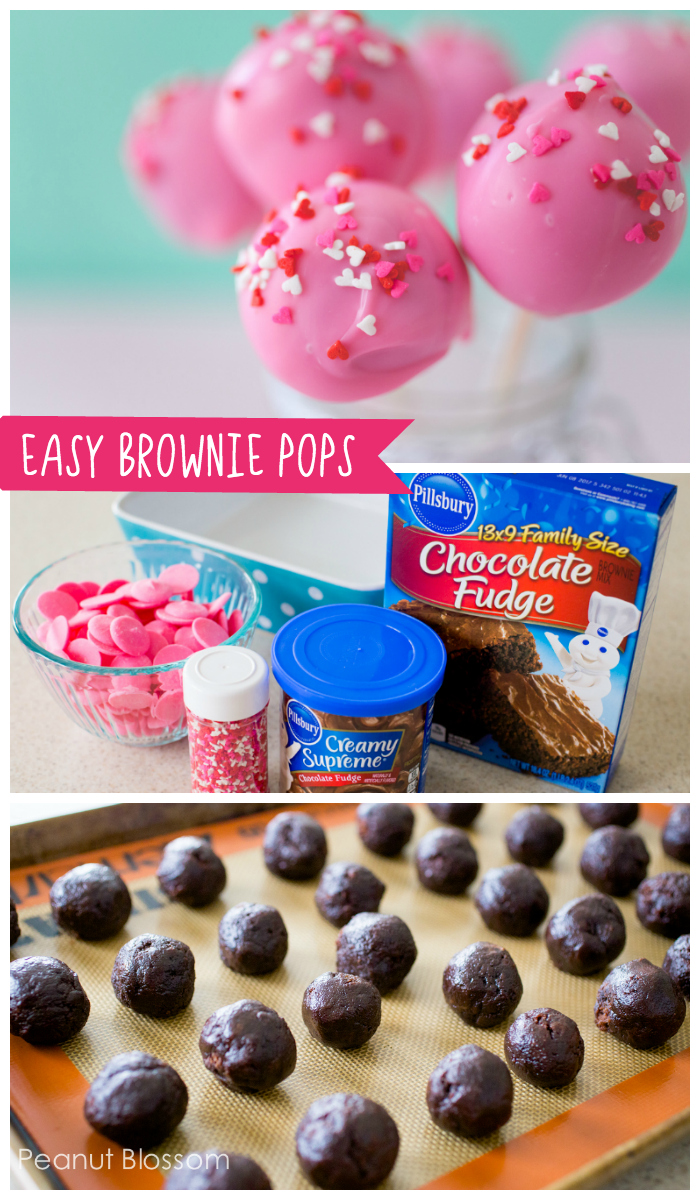 Easy brownie pops need just three ingredients. Roll the brownie dough into balls and dip into melted pink candy coating.