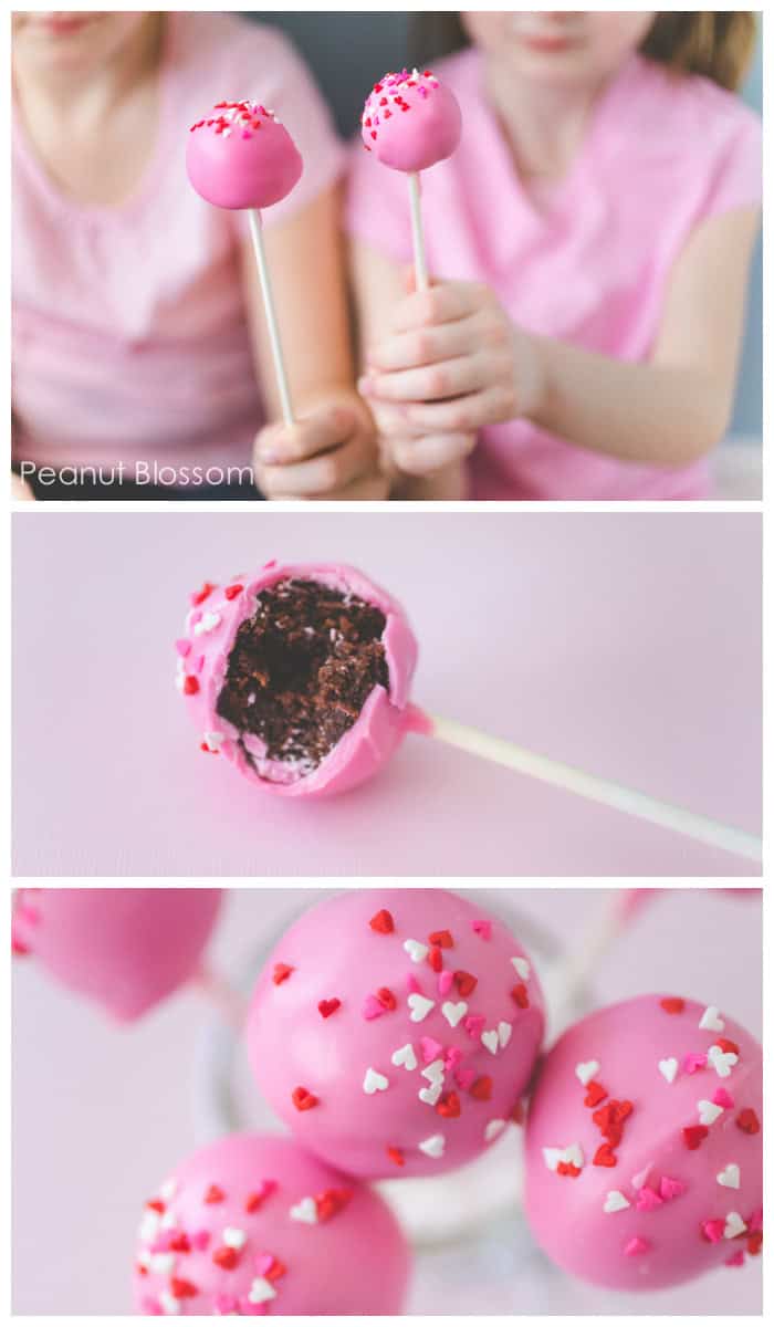 Rich chocolate brownie filling covered in pretty pink candy coating makes the cutest brownie pops for Valentine's Day!