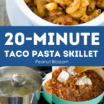 The finished taco pasta skillet is served on top, step by step photos show how to assemble the sauce on bottom.
