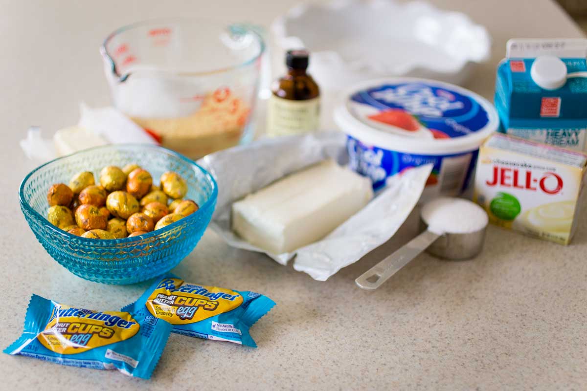 The ingredients to make the Butterfinger pie are on the counter.