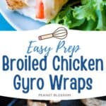 The chicken gyro wrap is at the top of the photo collage, the bottom photo shows the broiled chicken on the broiling pan.