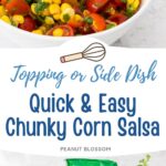 A white bowl filled with corn salsa has chopped cherry tomatoes stirred in.