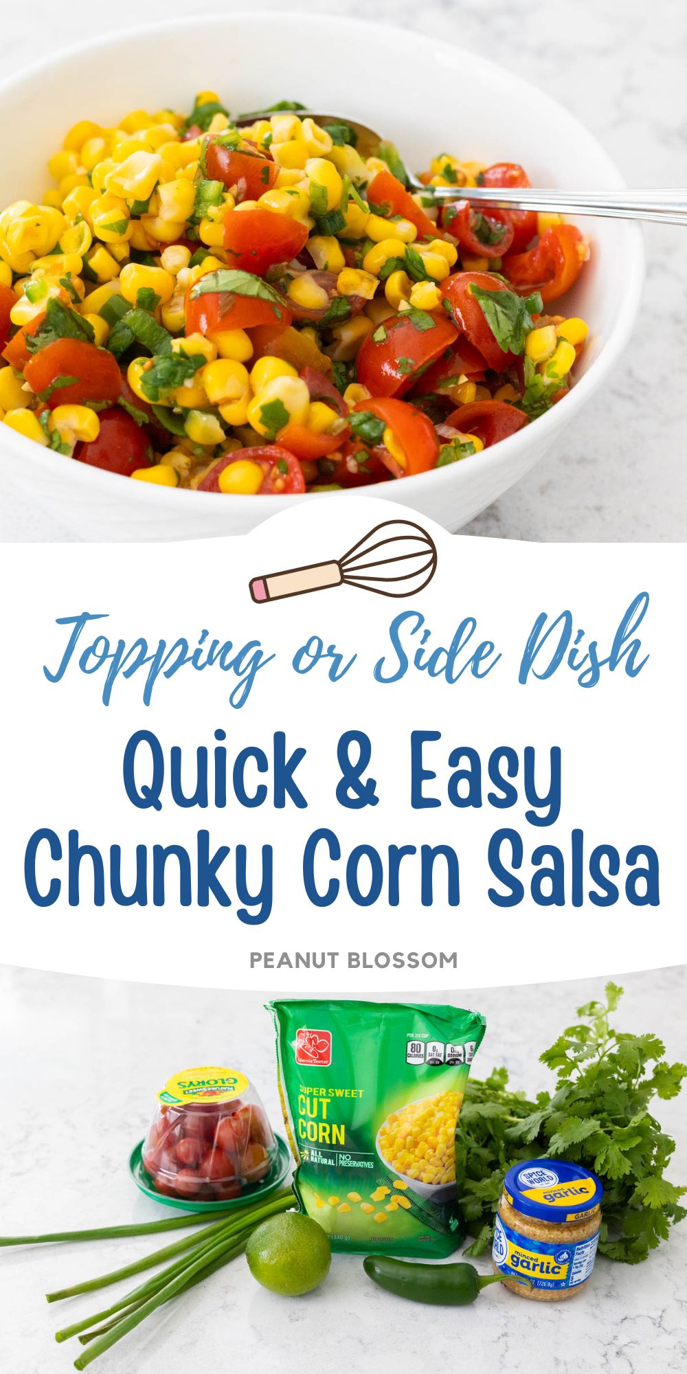 A white bowl filled with corn salsa has chopped cherry tomatoes stirred in.