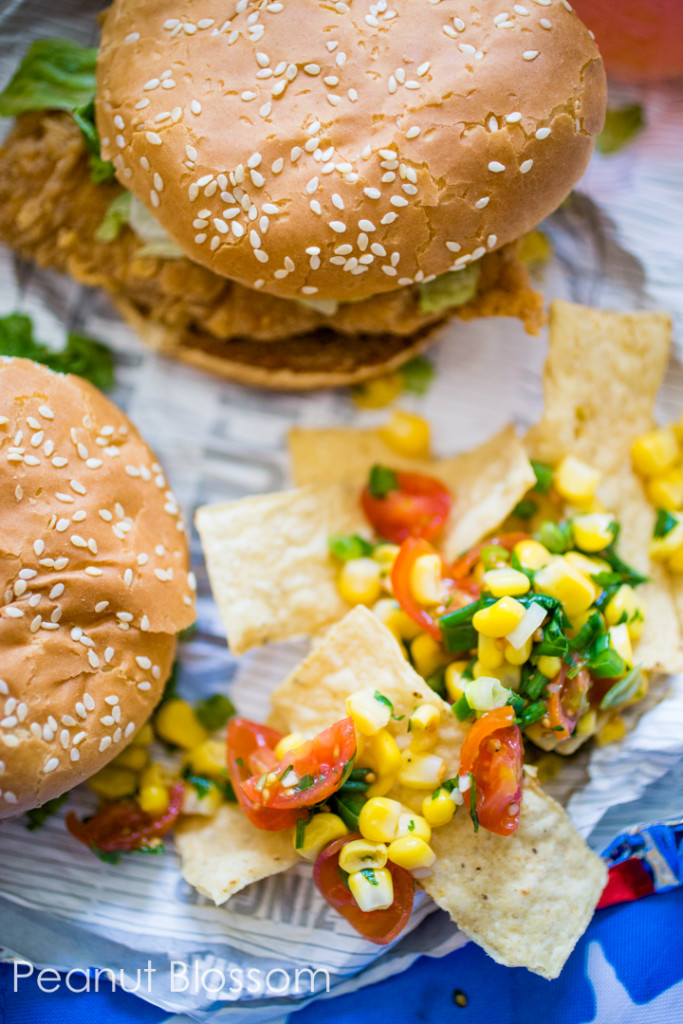 The perfect picnic: spicy chicken sandwich and chunky corn salsa