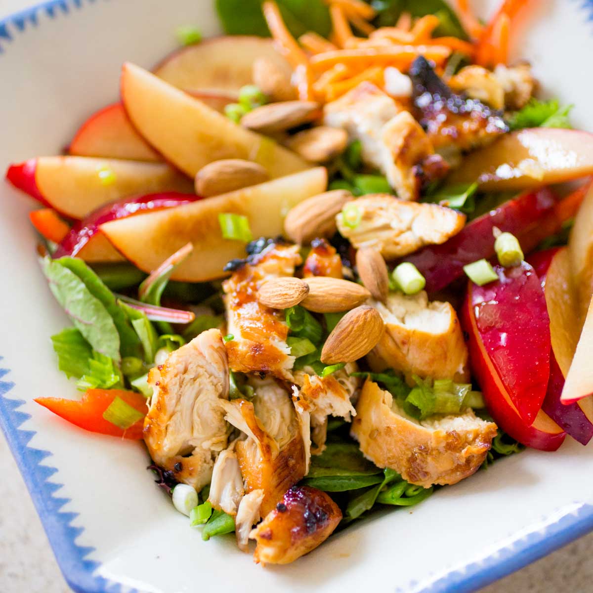 A salad with chicken, plums, carrots, and a drizzle of asian lime vinaigrette.