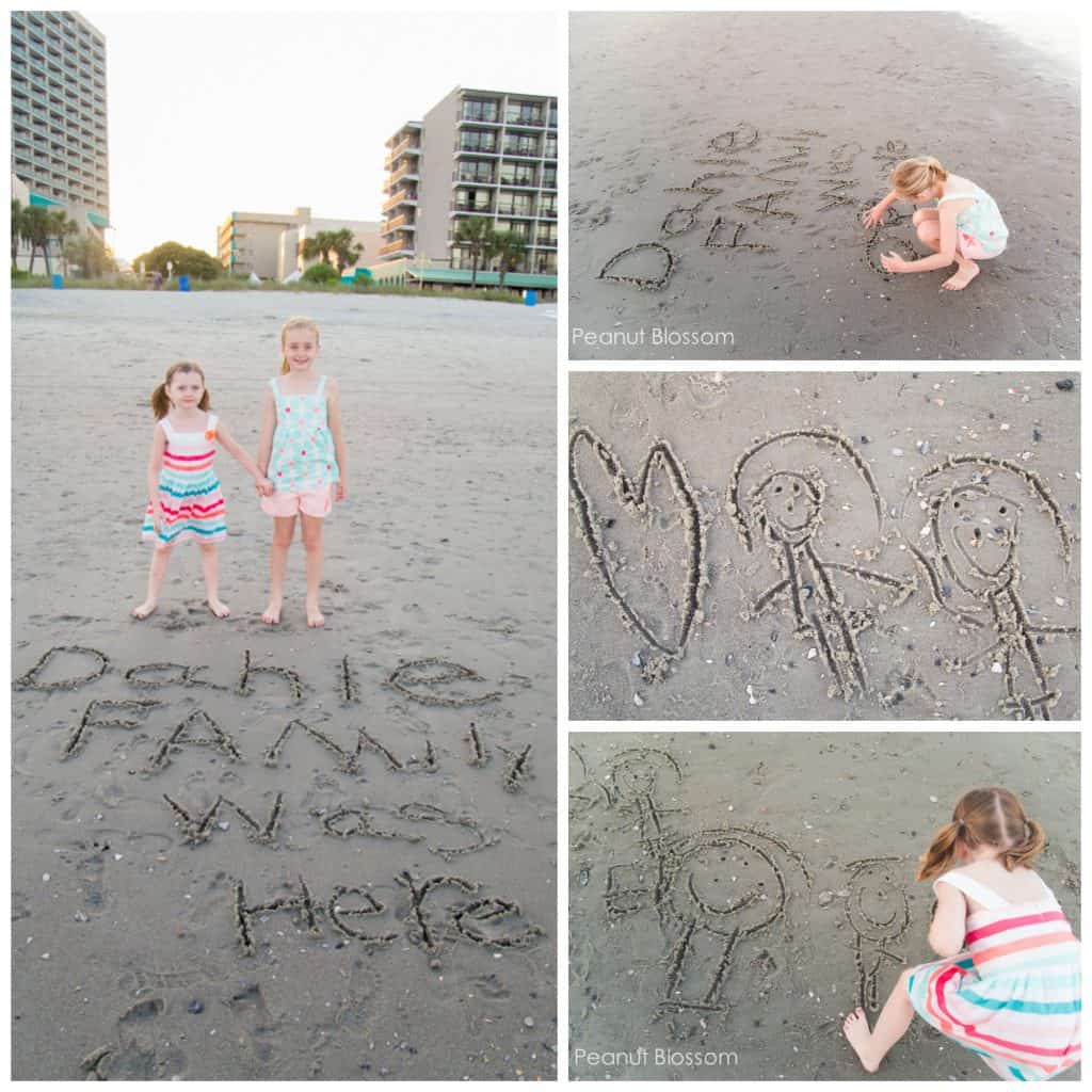 Kids writing their names in the sand for adorable beach family photos