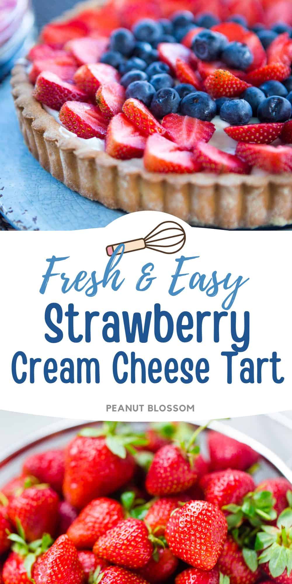 The shortbread crust tart is filled with cream cheese filling and topped with fresh strawberries.