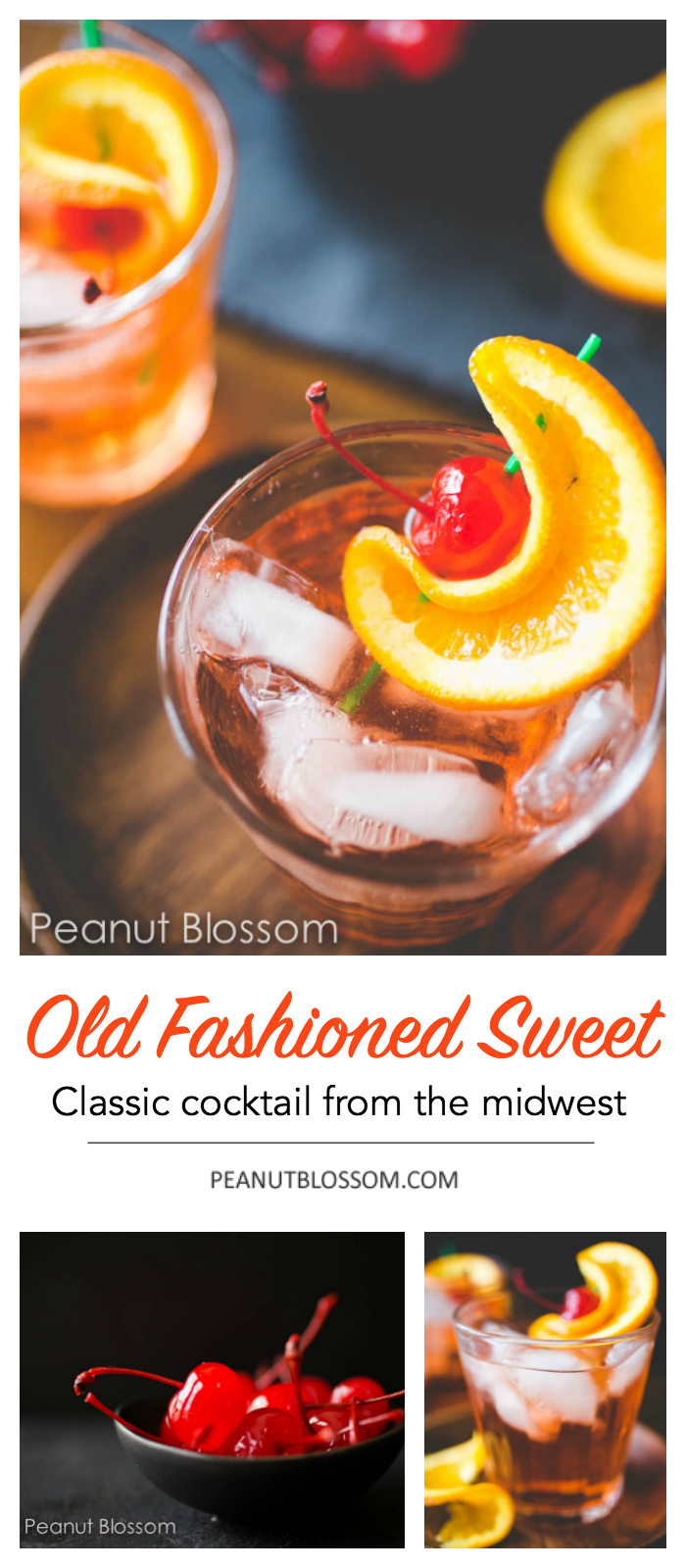 The photo collage shows the brandy old fashioned sweet with a cherry and orange garnish.