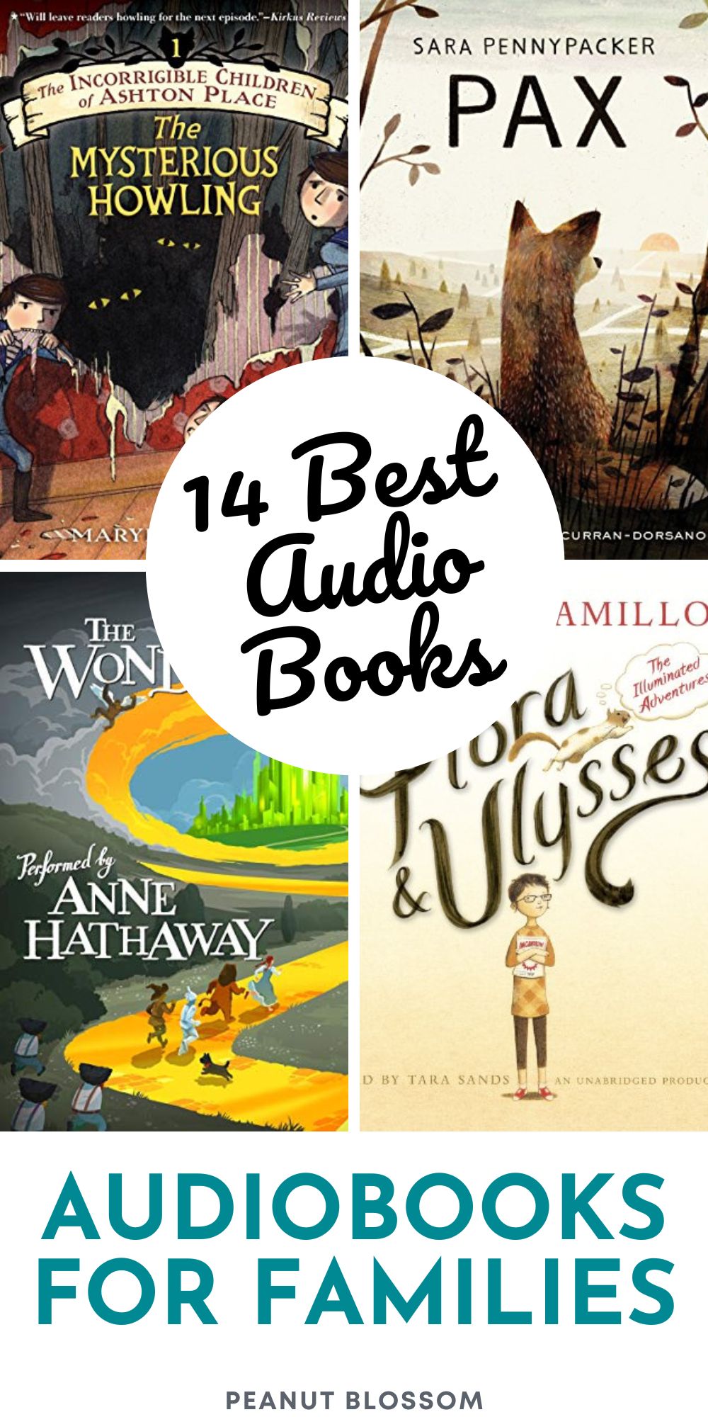 The photo collage shows several best audiobooks for families.
