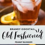 The photo collage shows a brandy old fashioned cocktail on top with a bowl of maraschino cherries and fresh orange slices on the bottom.