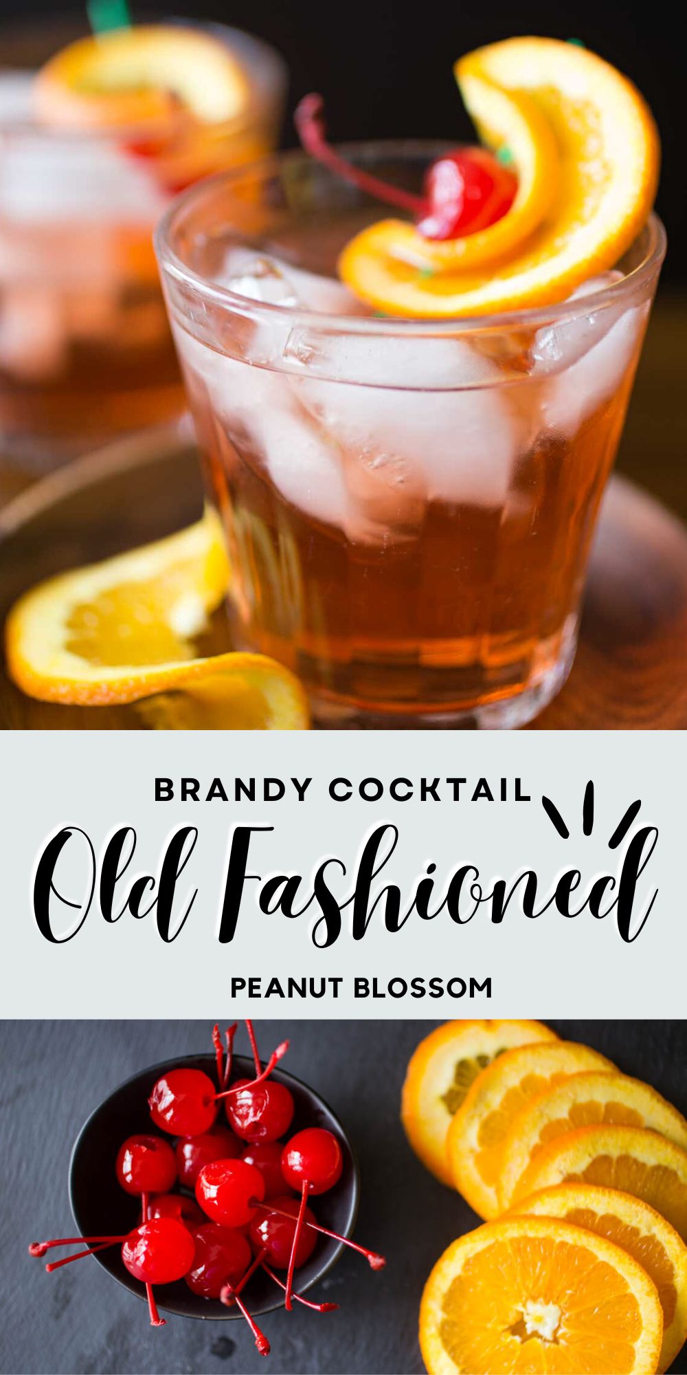 The photo collage shows a brandy old fashioned cocktail on top with a bowl of maraschino cherries and fresh orange slices on the bottom.