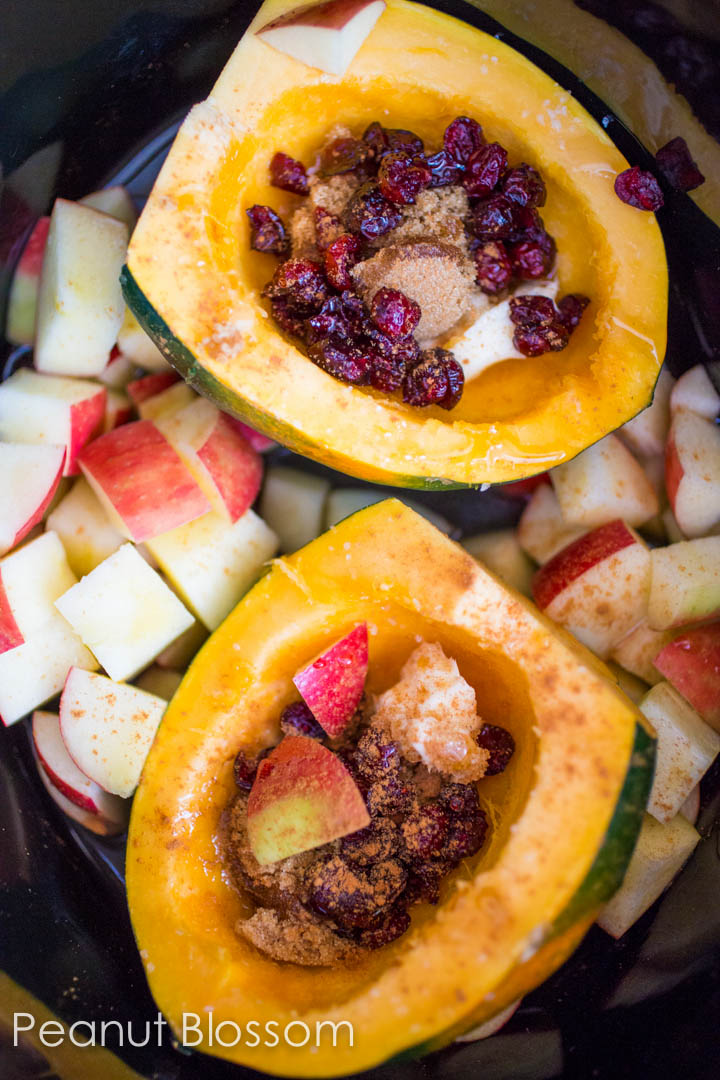 Slow cooker acorn squash with apples and craisins