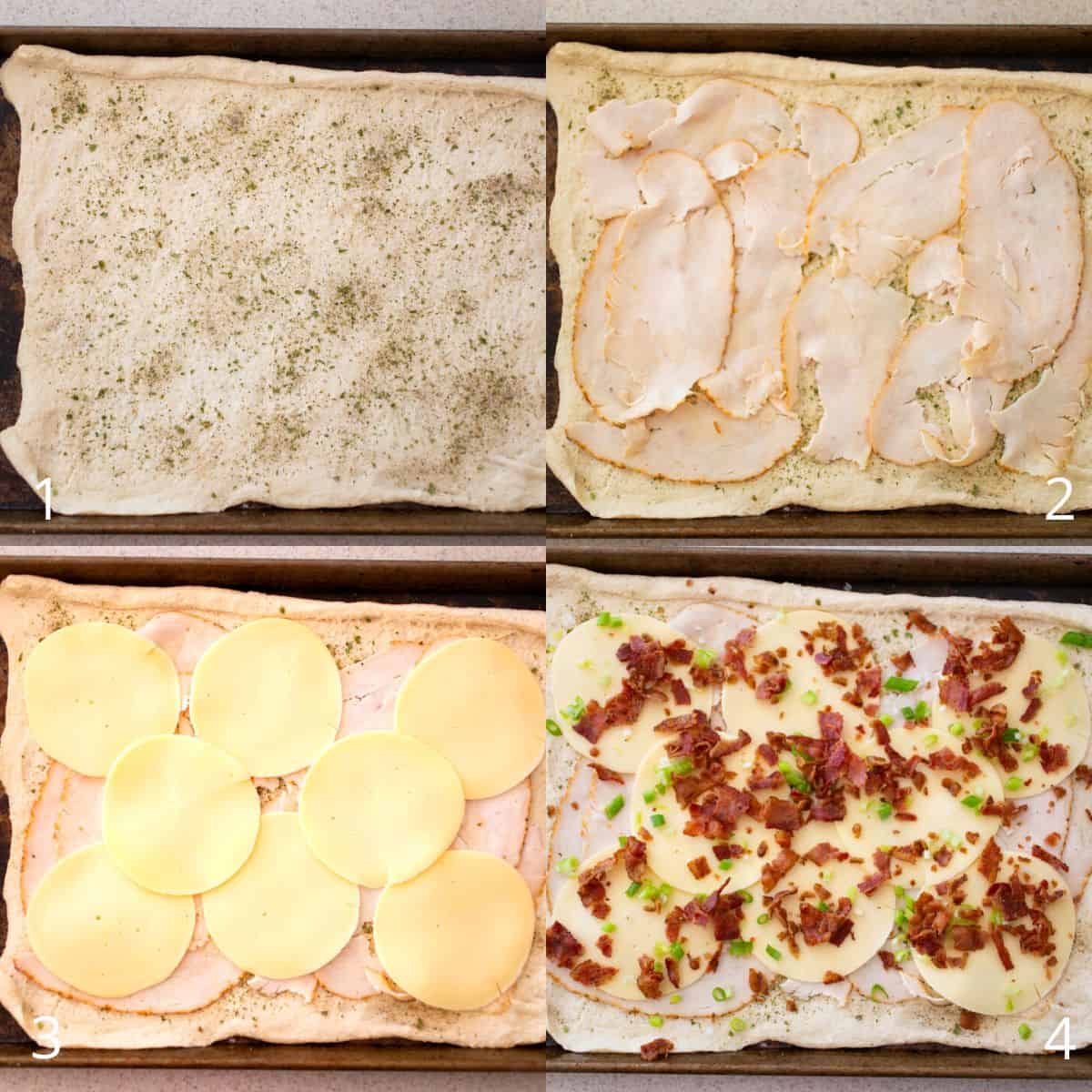 The step by step photos show how to assemble the cheesy chicken roll ups.