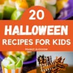 The photo collage shows several images from a Halloween party with easy treats for kids.
