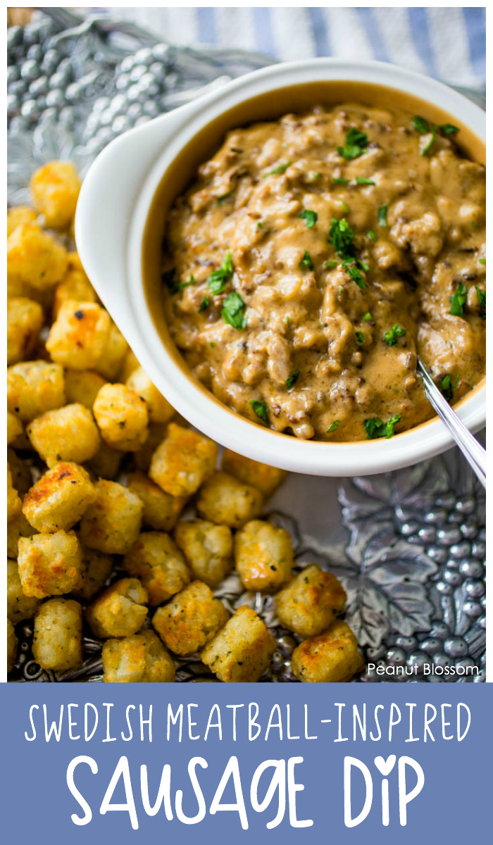 Sausage dip served with tater tots inspired by classic Swedish meatballs