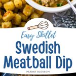 The photo collage shows the Swedish meatball dip in the container at the top next to some tater tots for dunking. The photo on the bottom shows the sausage dip being made in a skillet.