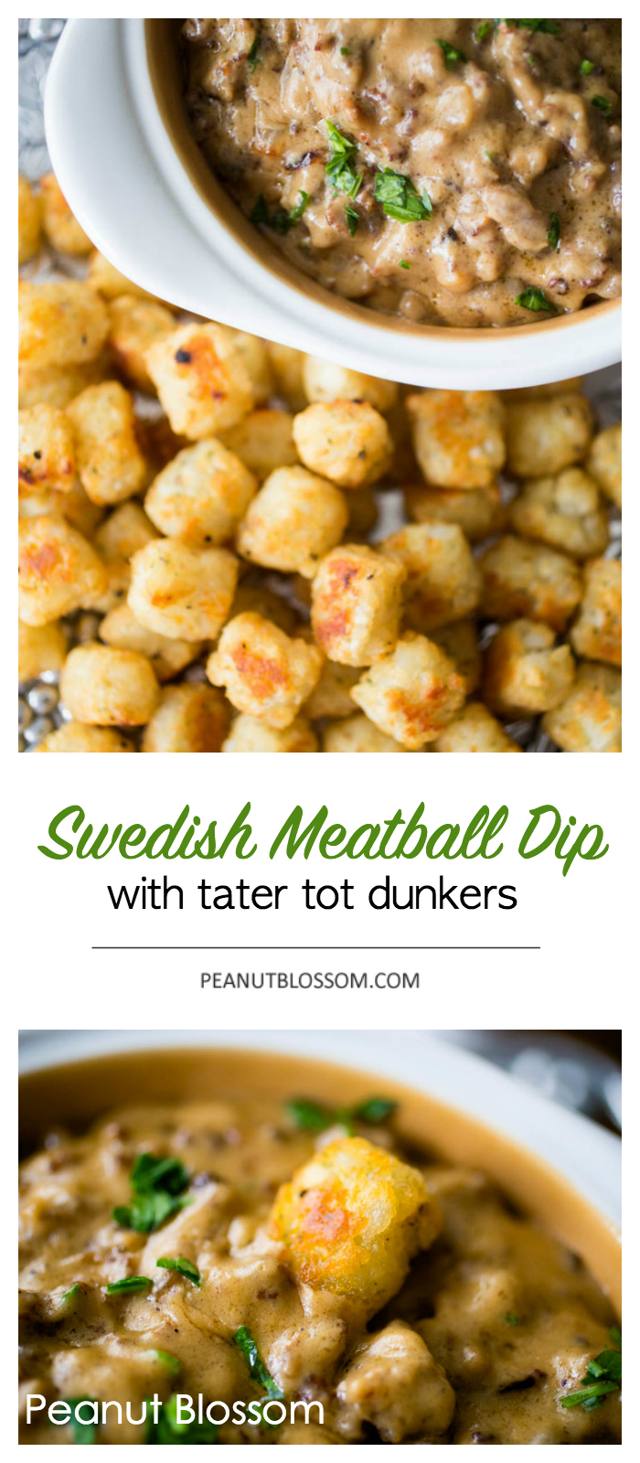 Swedish Meatball Sausage Dip with tater tot dunkers