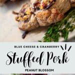 The photo collage shows the finished pork tenderloins next to a photo of the stuffing ingredients in small bowls -- pecans, cranberries, blue cheese.