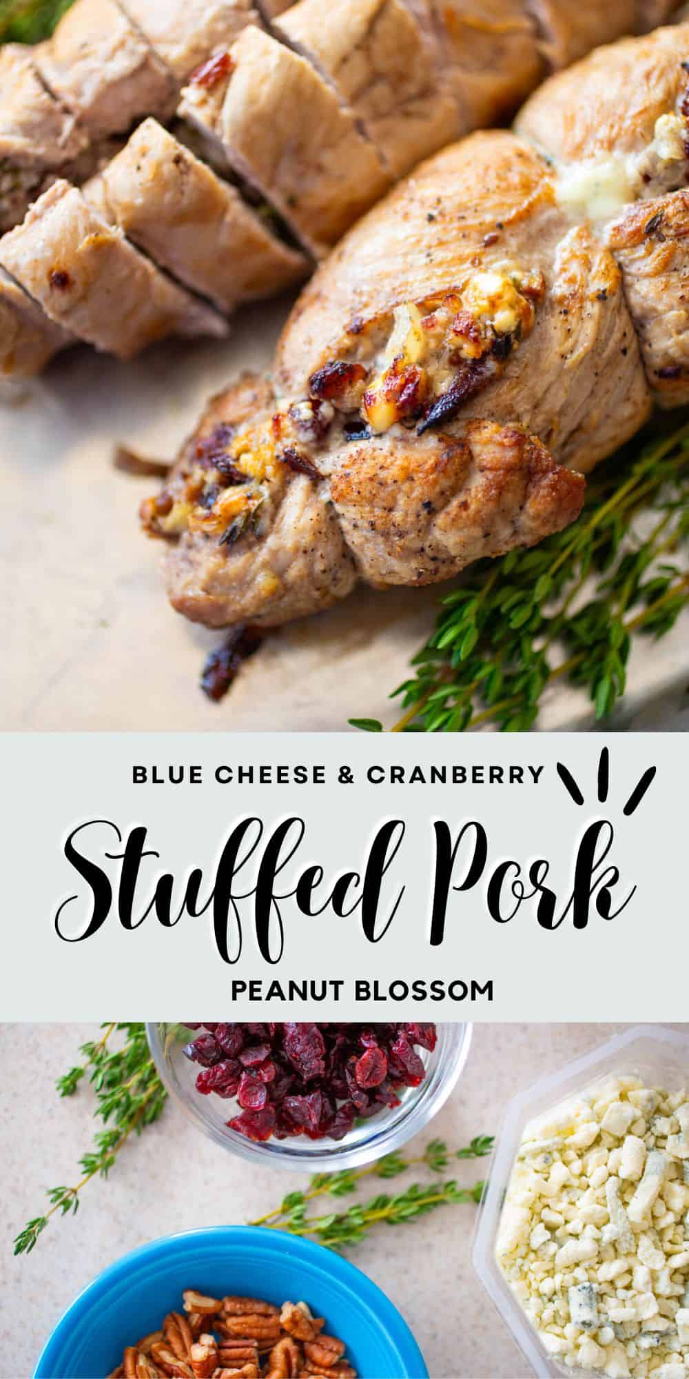 The photo collage shows the finished pork tenderloins next to a photo of the stuffing ingredients in small bowls -- pecans, cranberries, blue cheese.