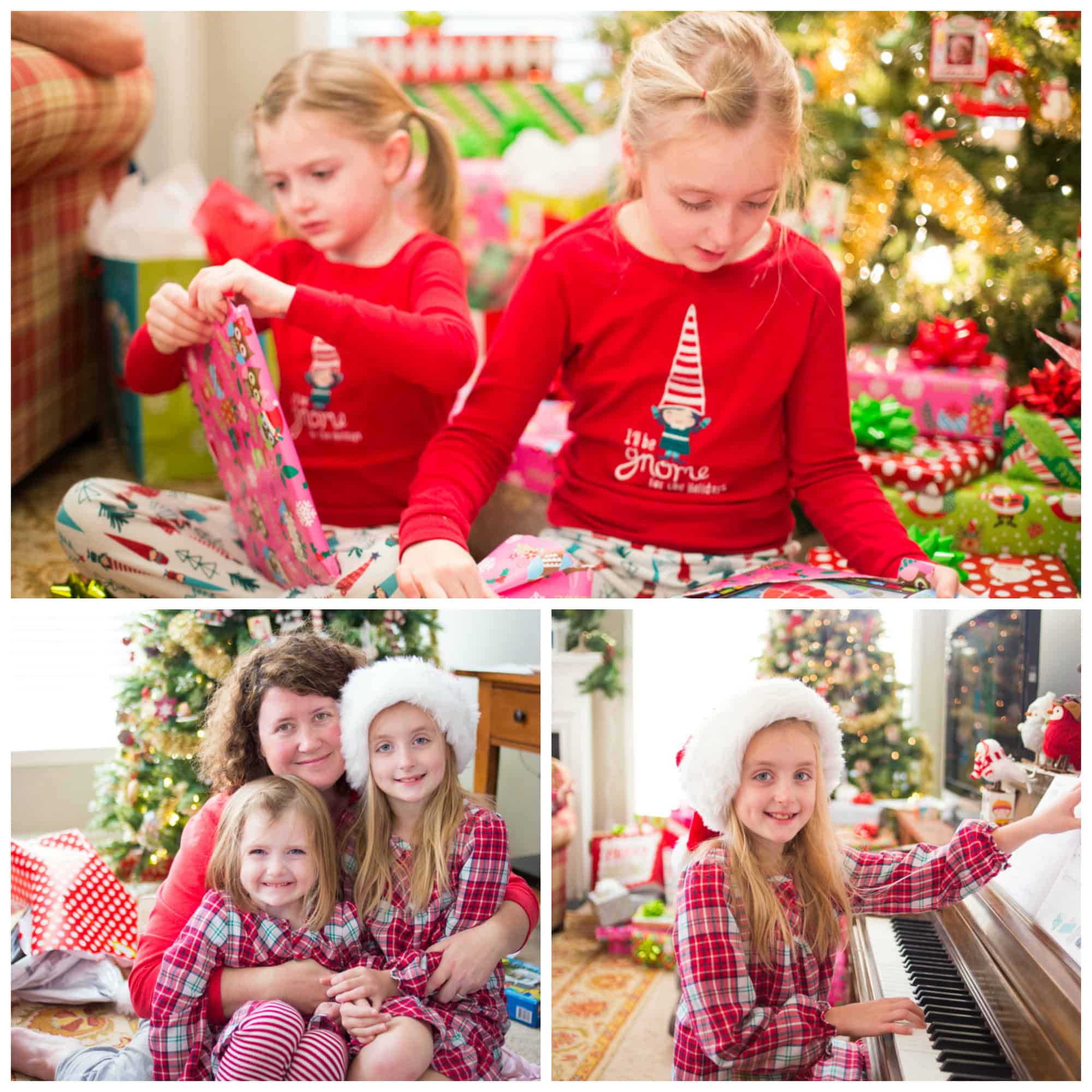 A photo collage shows several Christmas morning pictures of a family.